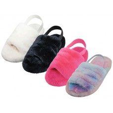 Z3003L-A - Wholesale Women's "EasyUSA" Soft Fuzzy Plush Upper With Elastic Sling Back House Slippers ( Asst. Hot Pink. Black Beige And Rainbow Print )